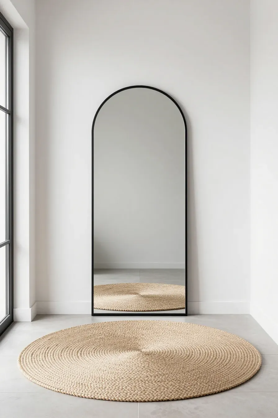 A black arched mirror on a white wall above a round woven rug in a minimalist entryway.