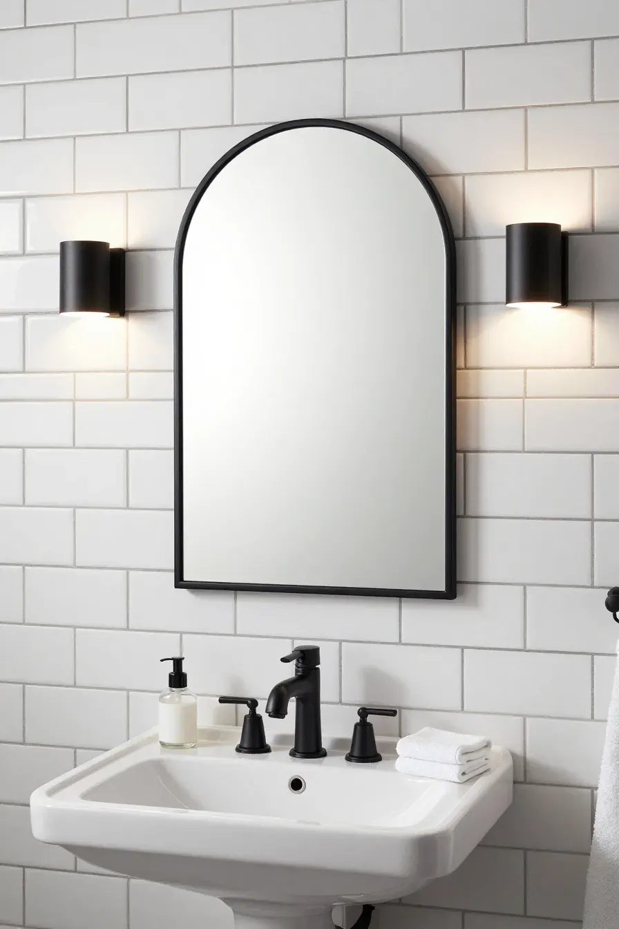 A matte black arched mirror hanging above a white pedestal sink in a tiled modern bathroom.