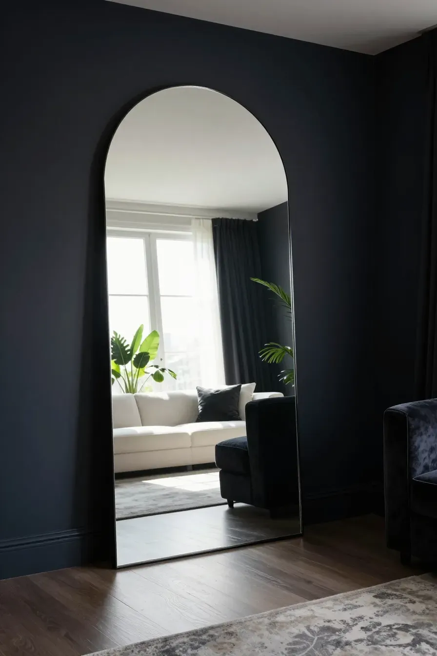 A massive black arched mirror placed in a dark room corner to reflect light and add space.