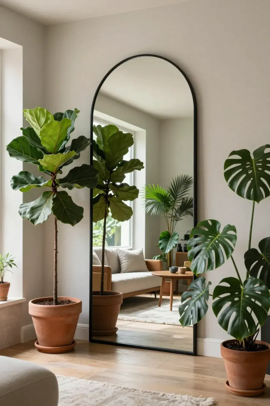 A large black arched mirror in a living room reflecting a tall fiddle leaf fig plant.