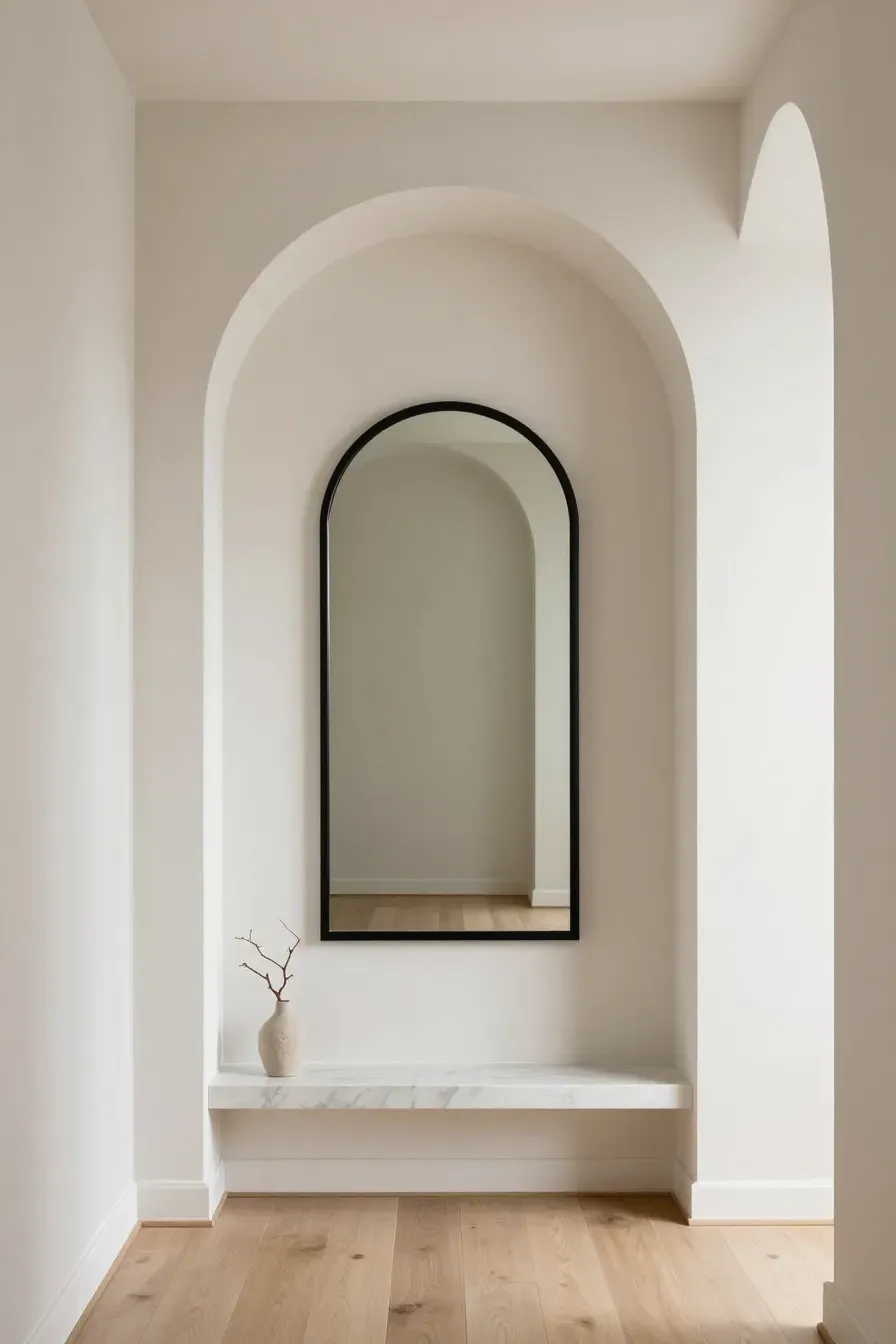 A black arched mirror perfectly fitted inside a built-in arched wall niche in a white hallway.