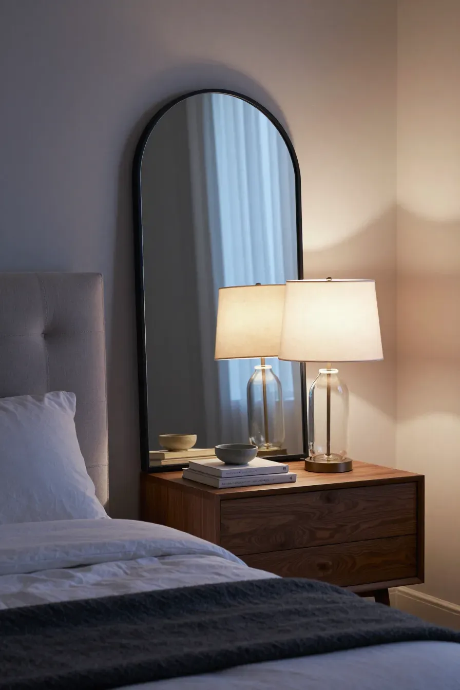 A black arched mirror leaning behind a wooden nightstand in a cozy, modern bedroom.