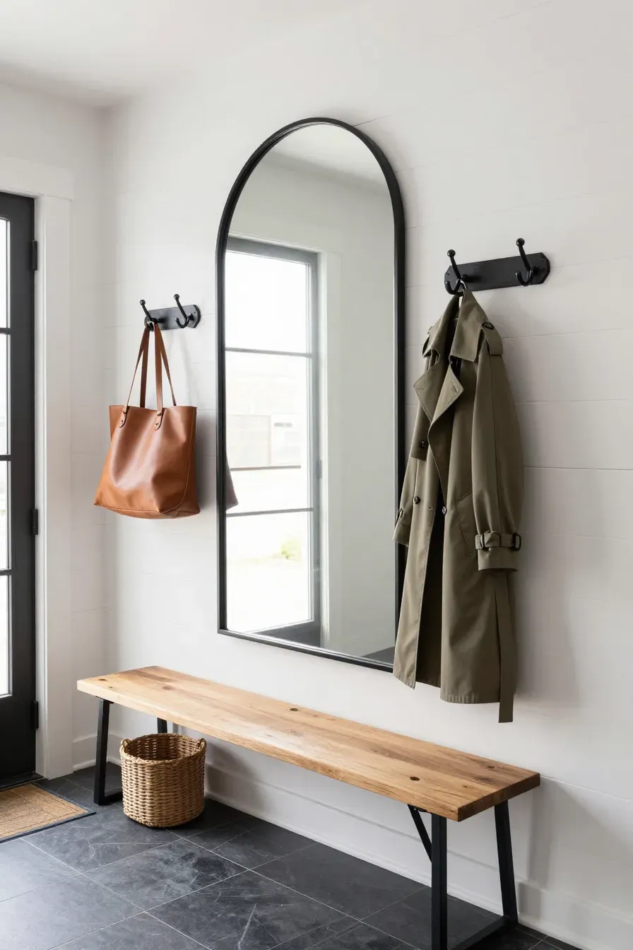 A large black arched mirror mounted on a wall with industrial black coat hooks and a wooden bench.