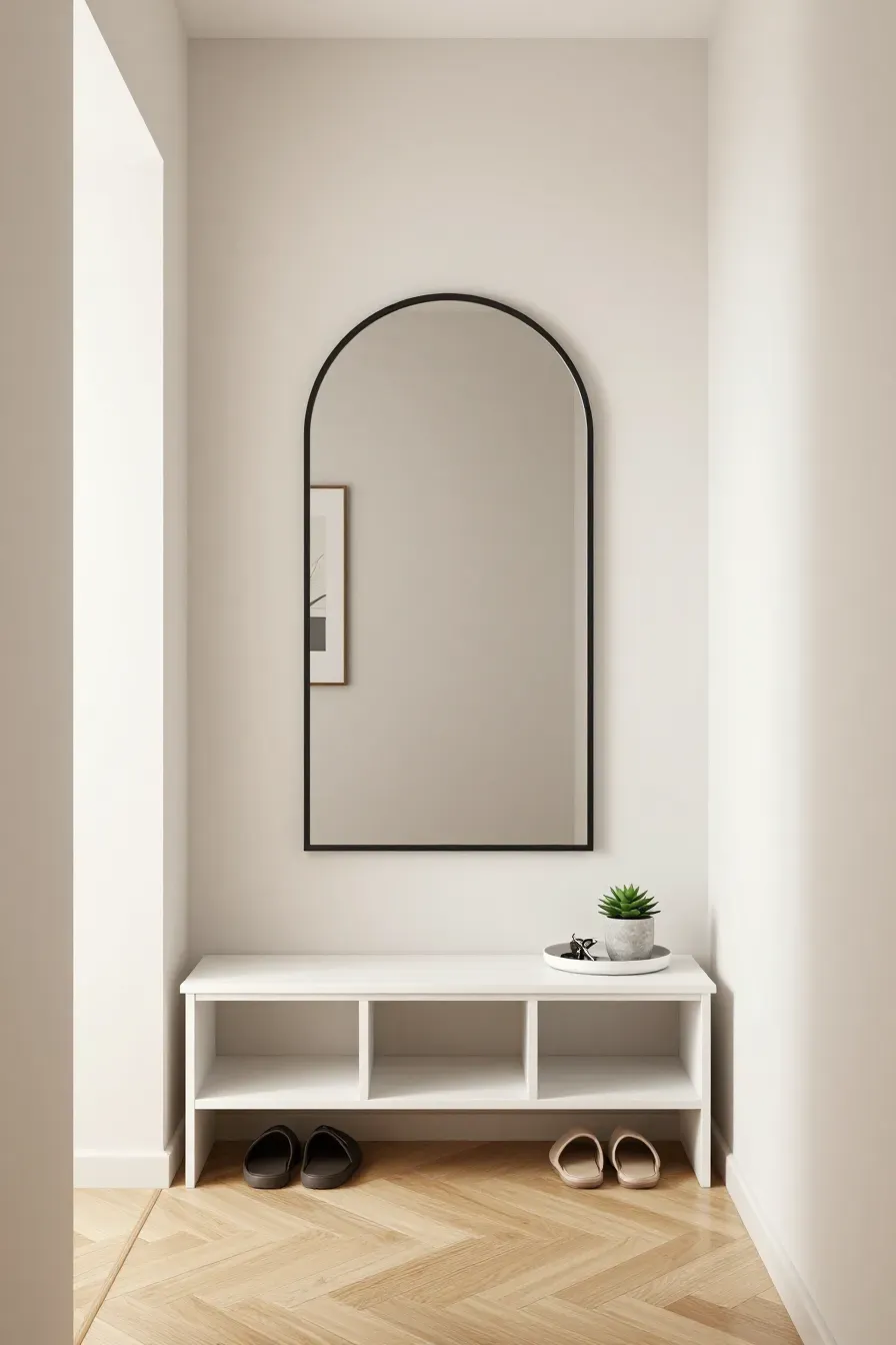 A black arched mirror hanging above a white shoe storage bench in a narrow, bright entryway.