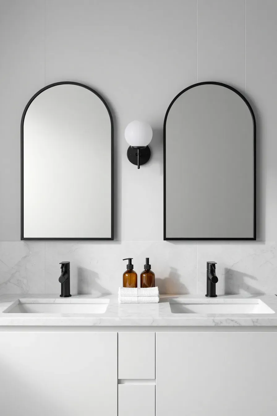 Two black arched mirrors hanging over a double vanity with matte black faucets and marble tops.