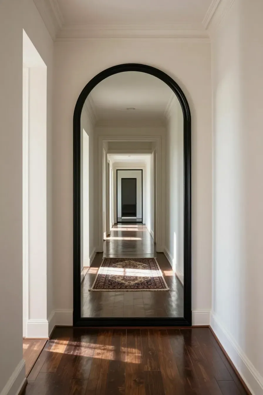 A long hallway with a large black arched mirror at the end, creating a sense of depth.