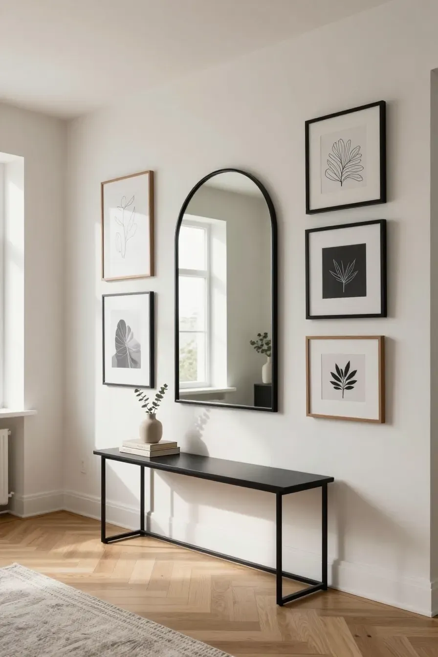A black arched mirror integrated into a stylish gallery wall with framed art above a console table.