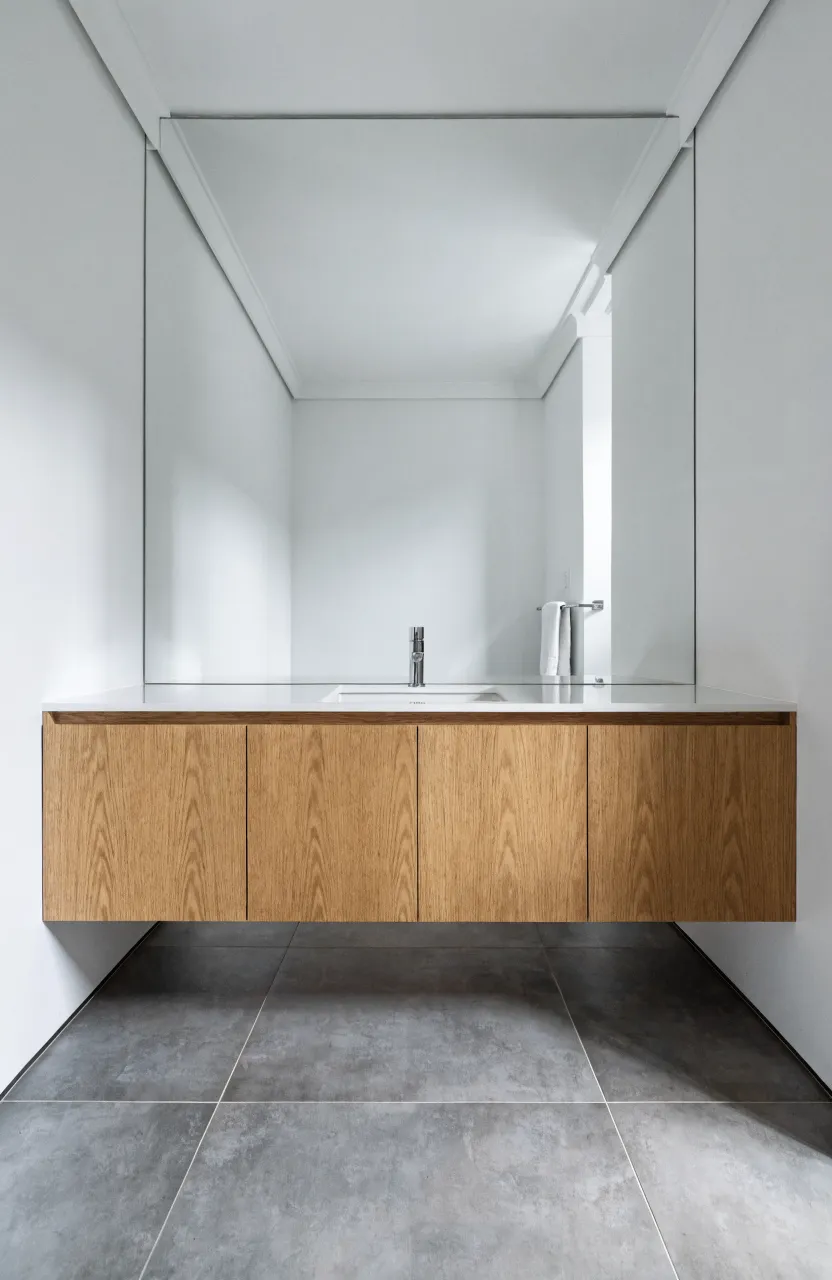 A light wood floating vanity in a bright modern bathroom with open floor space underneath.