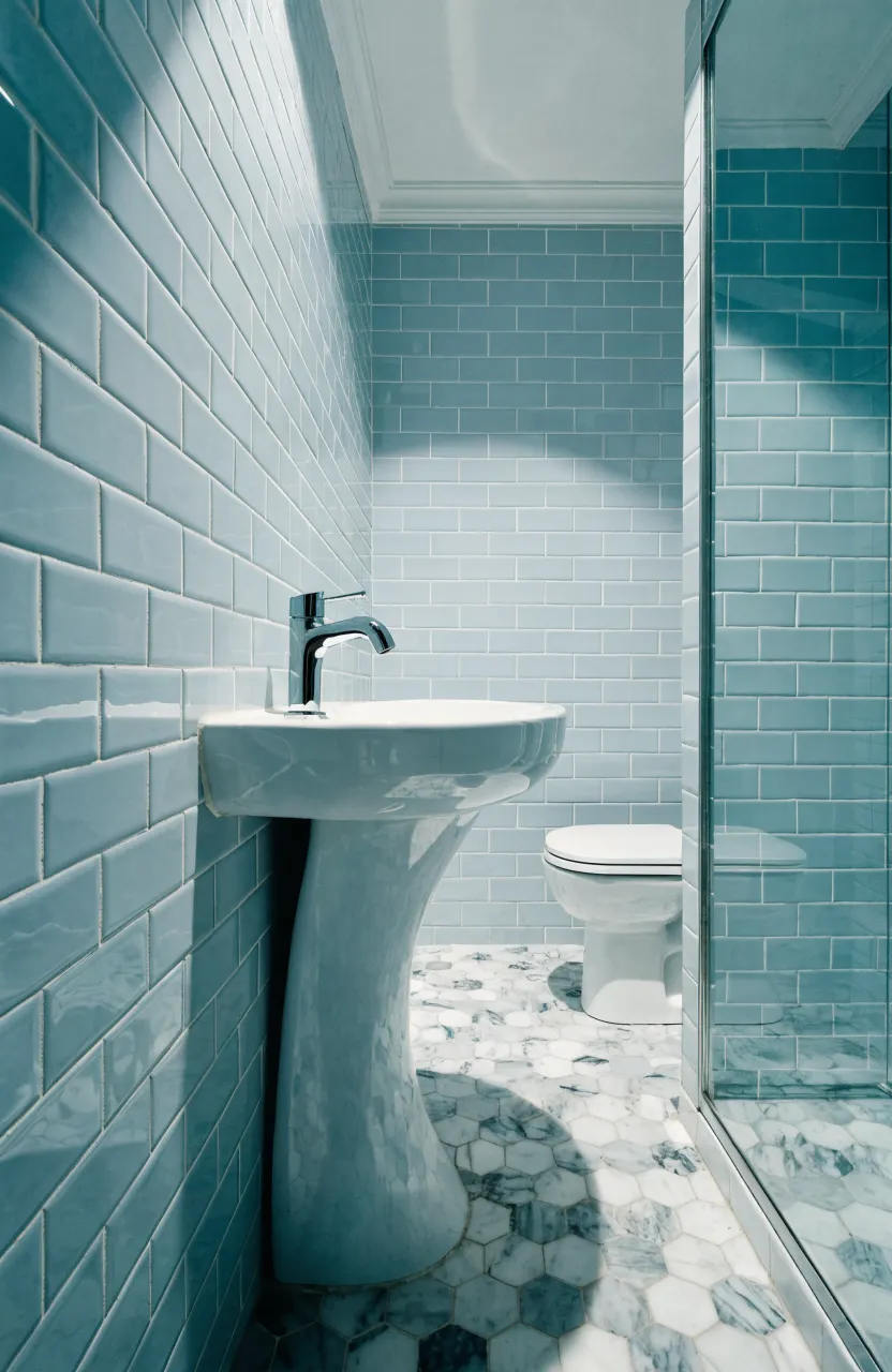 A white pedestal sink installed in the corner of a small bathroom with blue subway tiles.