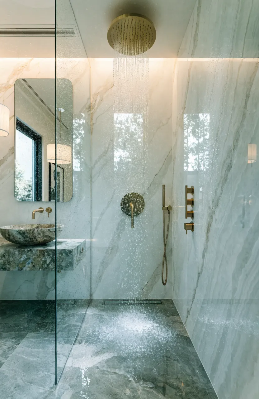 A frameless glass shower door in a marble bathroom showing the full depth of the room.
