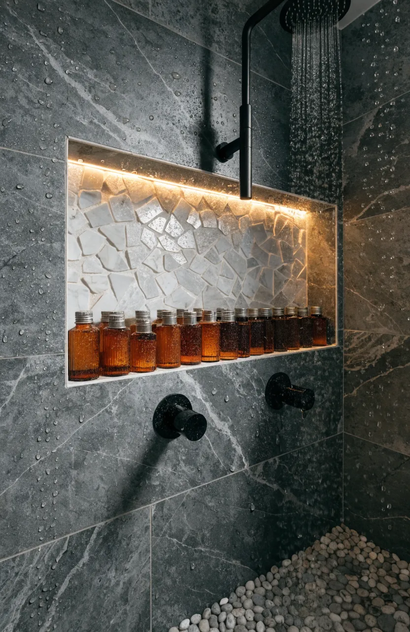 A tiled recessed wall niche in a shower holding amber glass soap and shampoo bottles.