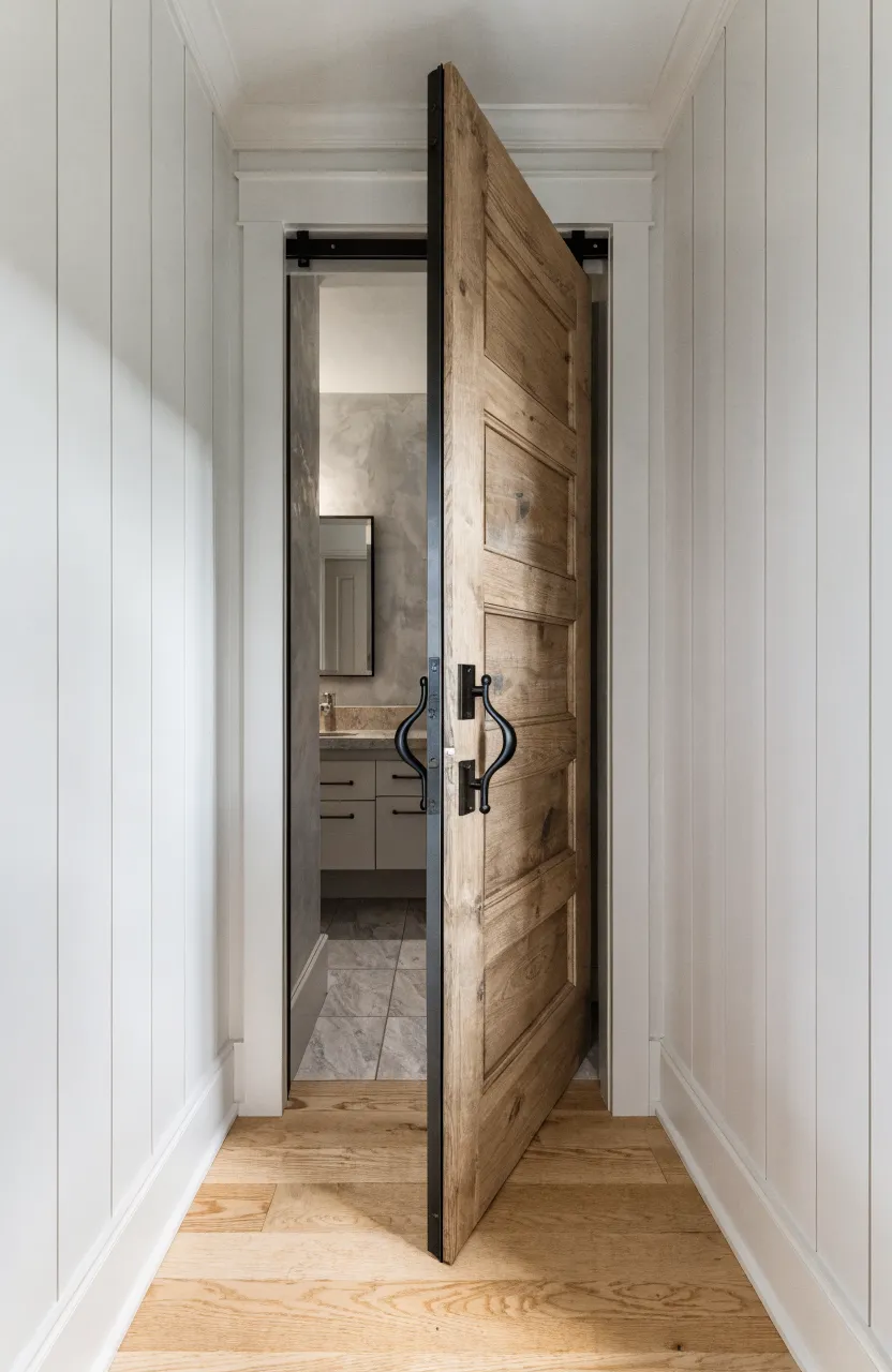 A wooden pocket door sliding into a white wall to save space in a small bathroom entryway.