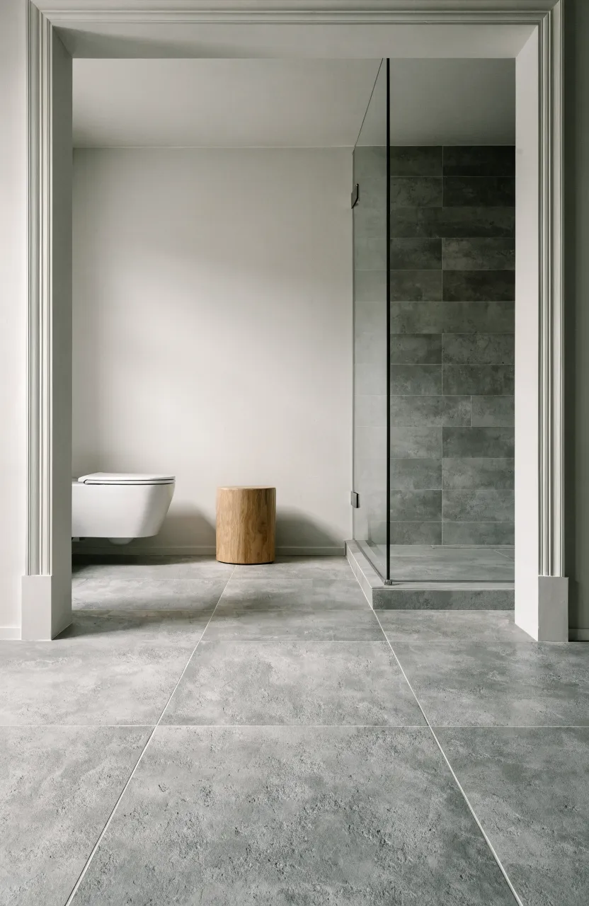 Large grey porcelain floor tiles in a small bathroom creating a seamless and spacious look.