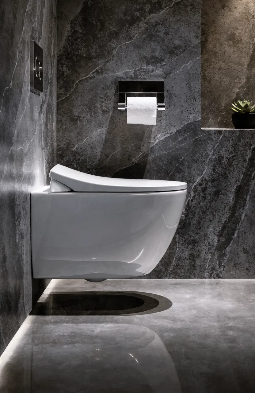 A white wall-hung toilet mounted on a grey textured wall with clear floor space underneath.