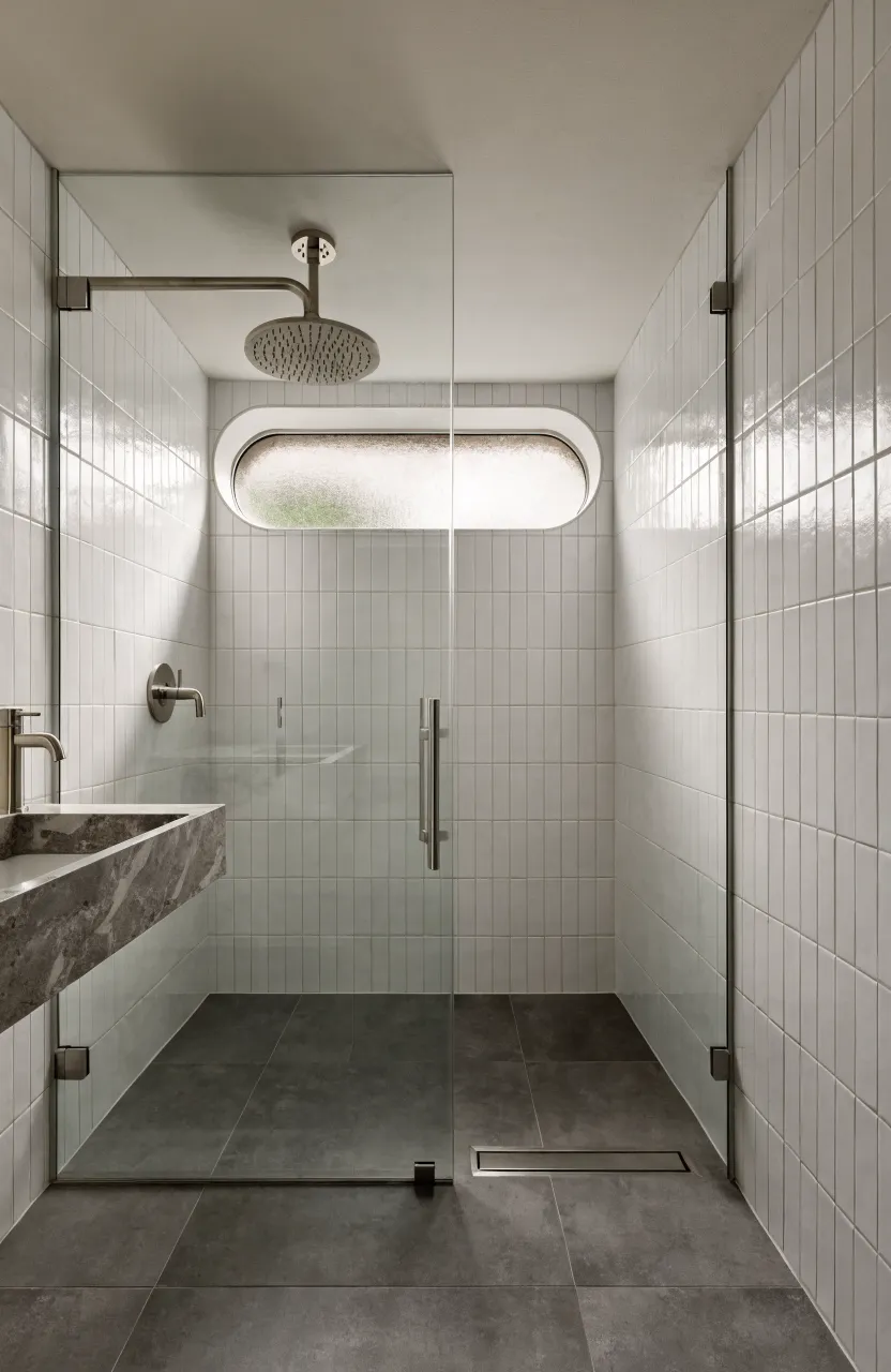 A modern small bathroom with seamless charcoal floor tiles flowing into a curbless glass shower.