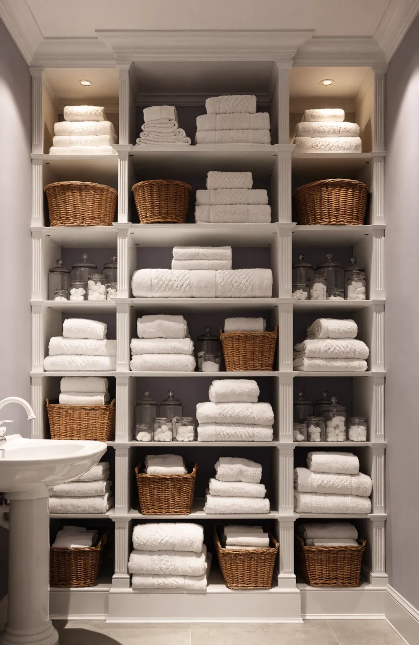 Tall white open shelves reaching the ceiling in a small bathroom, holding towels and baskets.