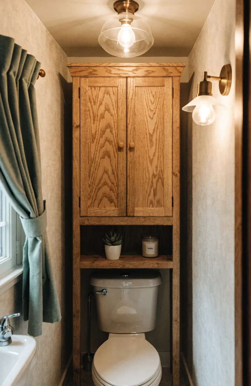 A honey-oak wooden storage cabinet positioned over a white toilet in a cozy bathroom.