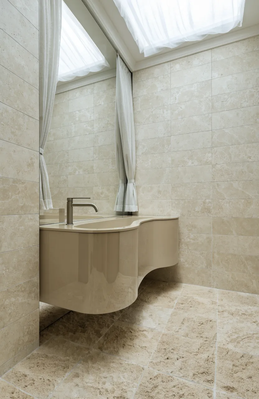 A monochromatic beige bathroom with matte tiles and a glossy vanity for a unified look.