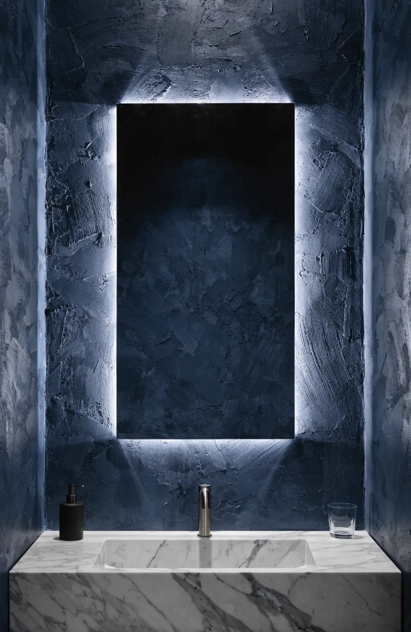 A rectangular backlit LED mirror creating a soft white glow against a navy blue bathroom wall.