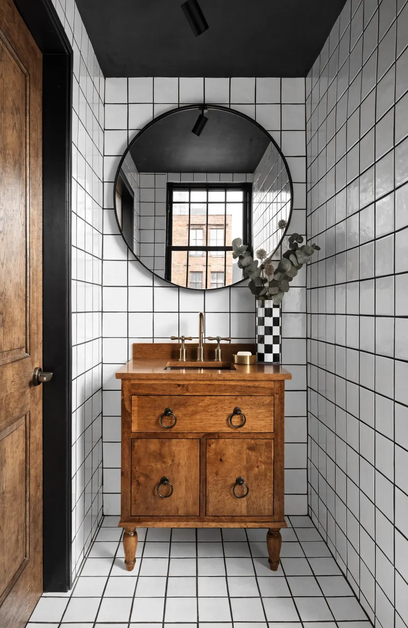 A large round black-framed mirror breaking up the sharp lines of a white square-tiled bathroom.