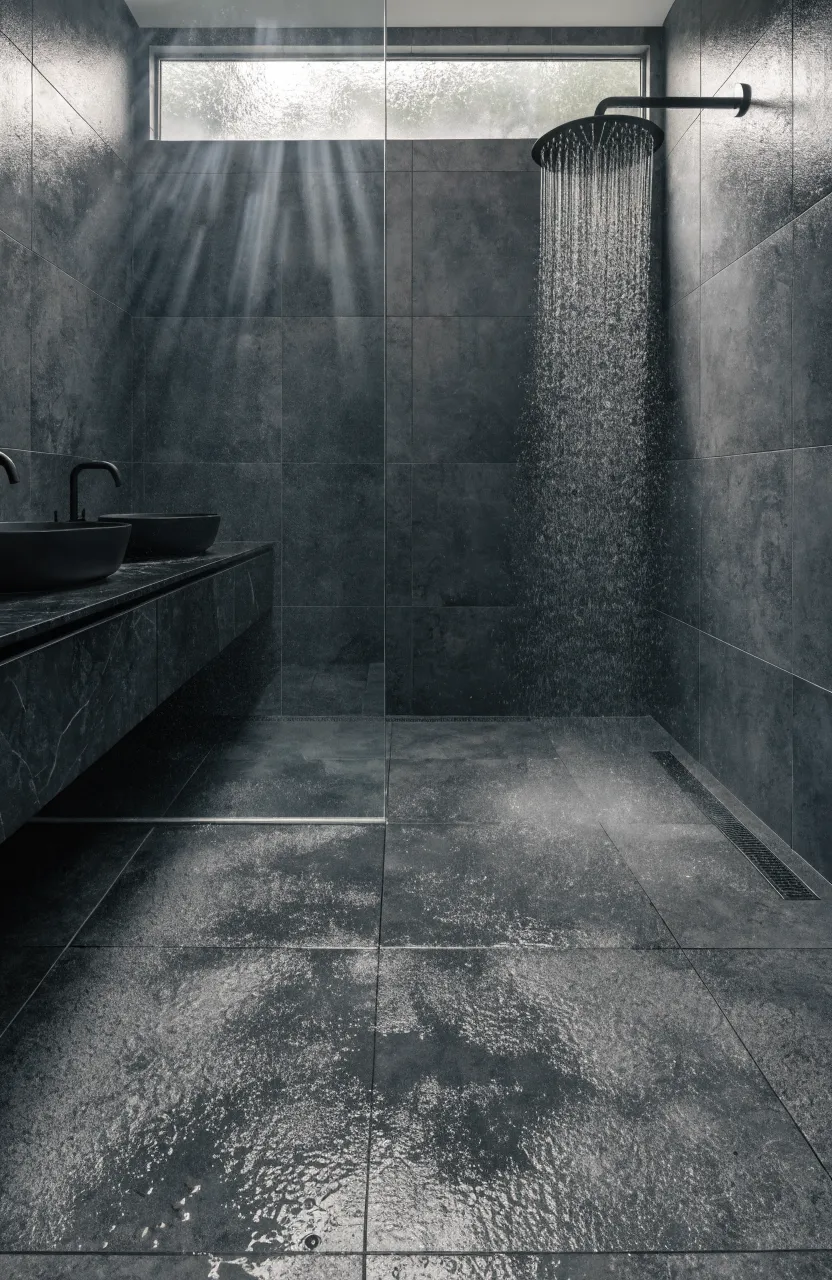 A modern curbless wet room with continuous gray stone tiling and a frameless glass partition.