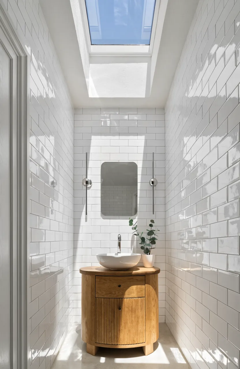 A bright small bathroom illuminated by a large overhead skylight reflecting off white tiles.