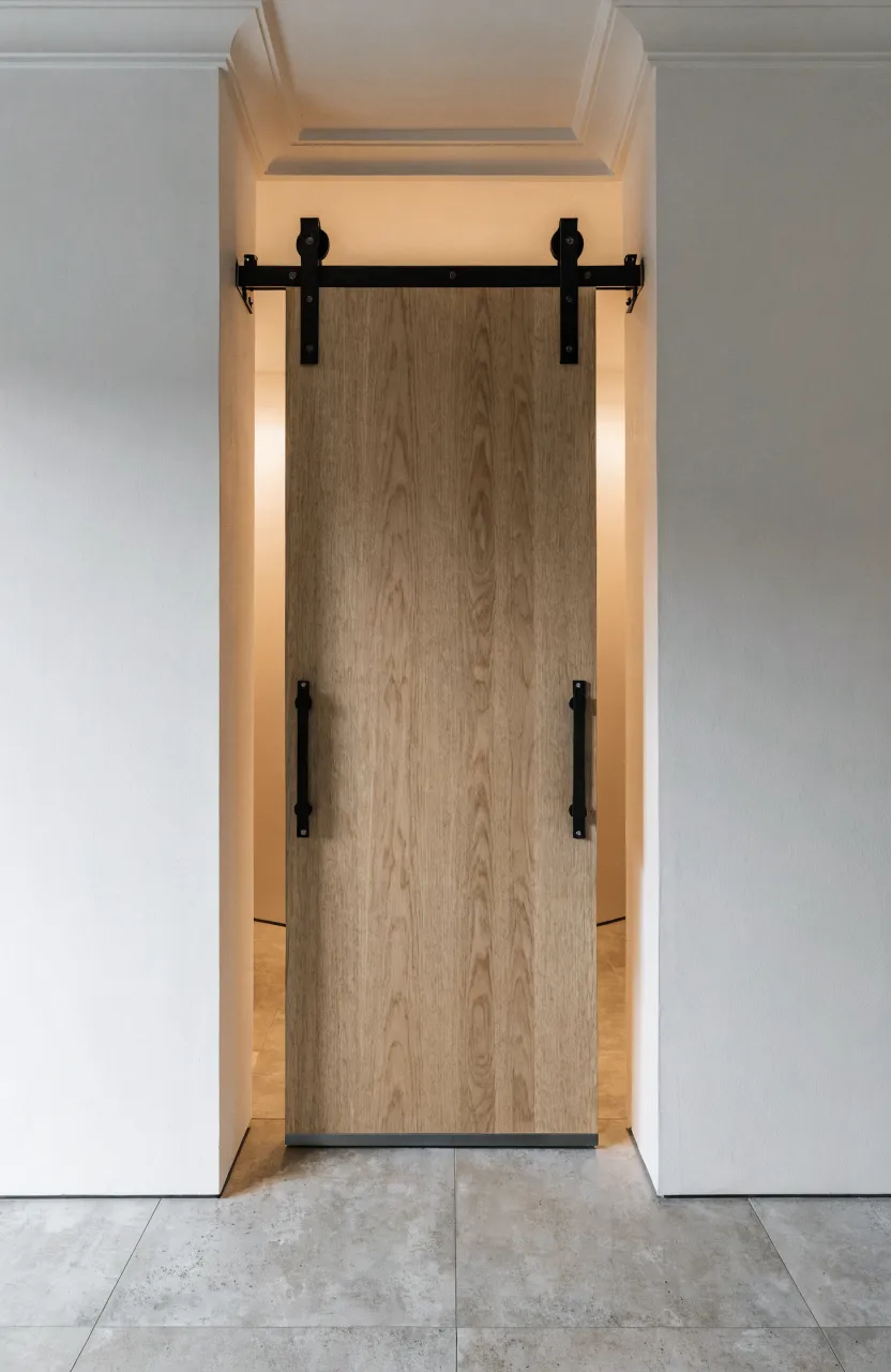 A minimalist light wood sliding barn door with black hardware on a white wall.
