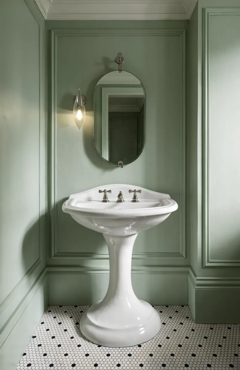 A classic white pedestal sink in a small bathroom with green wainscoting and mosaic floors.
