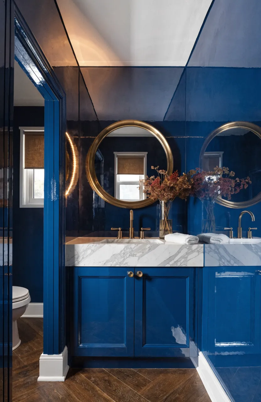 Glossy navy blue bathroom walls reflecting light and gold fixtures in a small space.