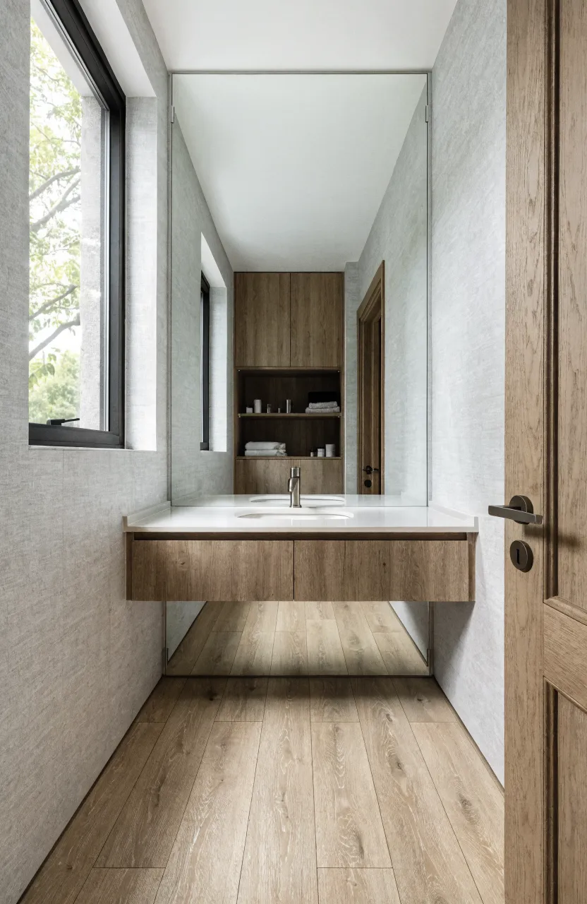 A full-length mirror flush against the wall in a modern bathroom, concealing hidden storage.