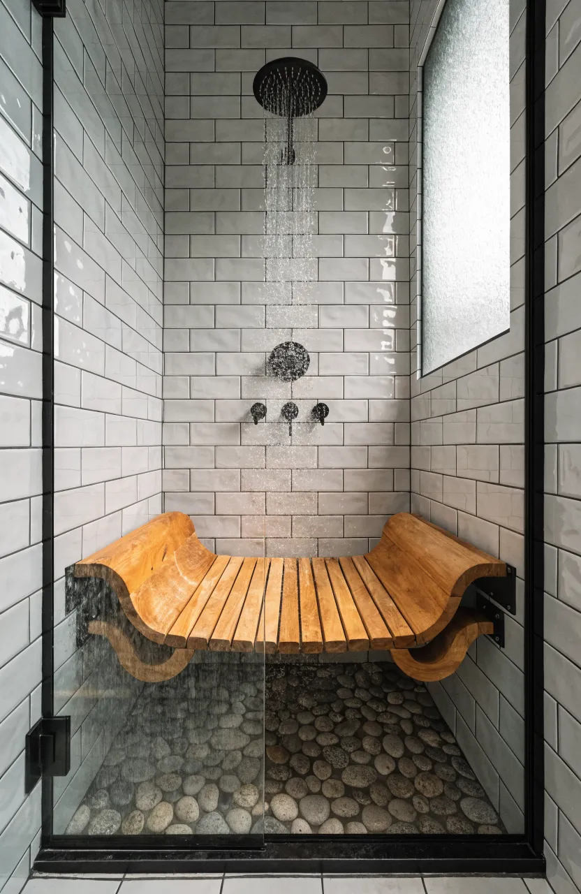 A fold-down teak wood bench mounted on a gray tiled shower wall in a modern small bathroom.