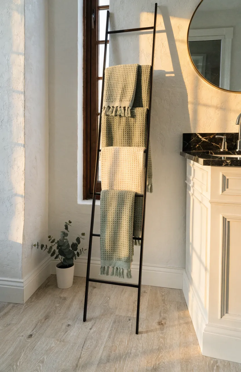 A slim black metal ladder rack leaning against a white wall holding several folded towels.