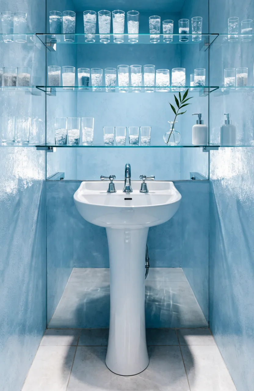 Transparent glass shelves mounted above a white pedestal sink in a bright, airy bathroom.