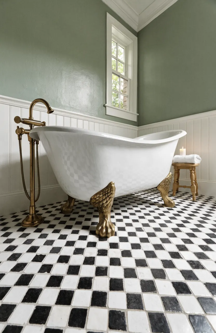 A small white clawfoot tub with brass feet on a black and white tiled floor.