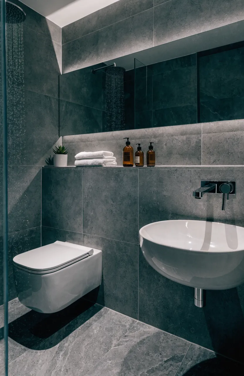 A narrow tiled ledge running behind a wall-hung toilet and sink in a modern gray bathroom.