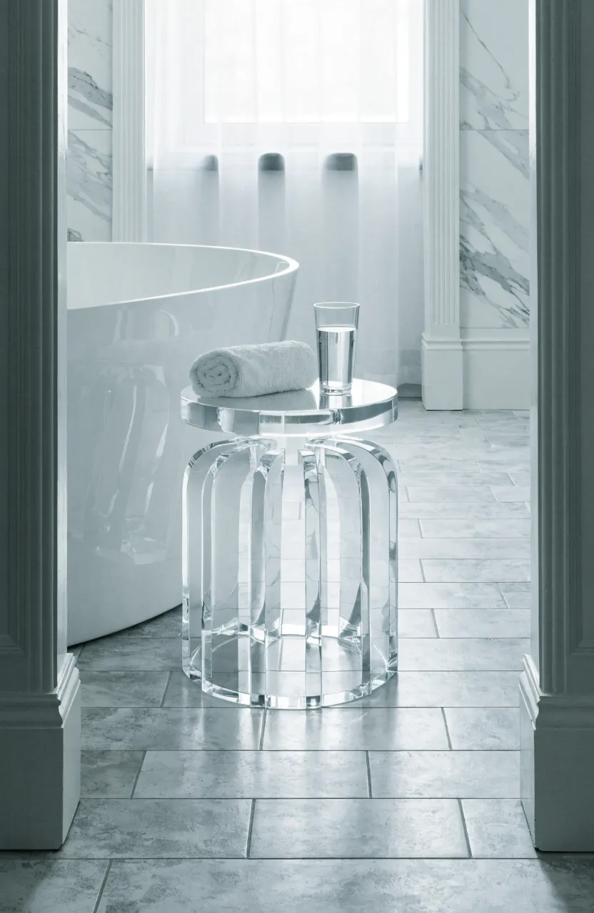 A transparent acrylic stool sitting on a marble floor next to a white bathtub.