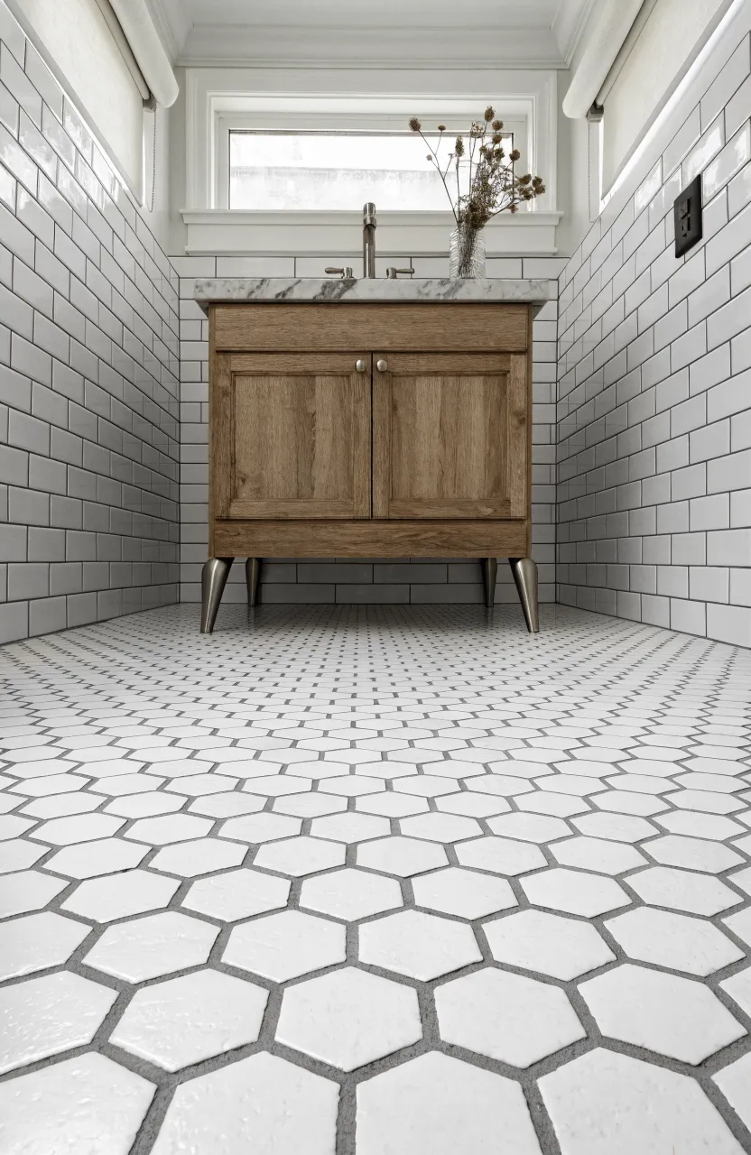 A bathroom floor featuring small white hexagon tiles with gray grout under a wooden vanity.