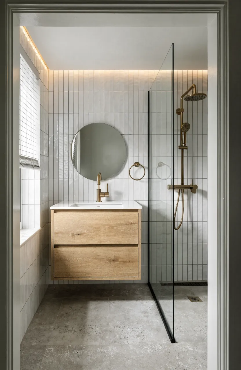 A modern small bathroom with white tiles, oak vanity, and elegant brushed brass faucets and hardware.