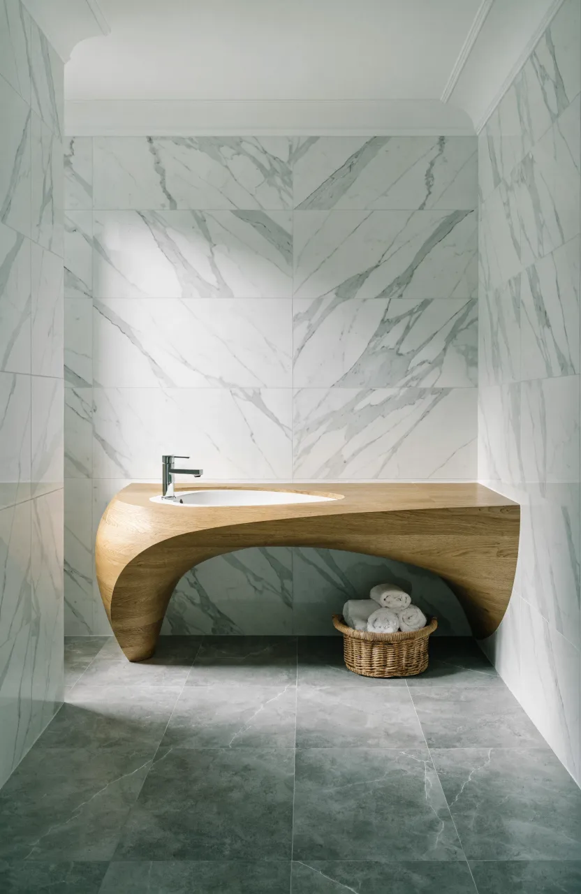 A modern floating oak vanity in a small white marble bathroom showing clear floor space.