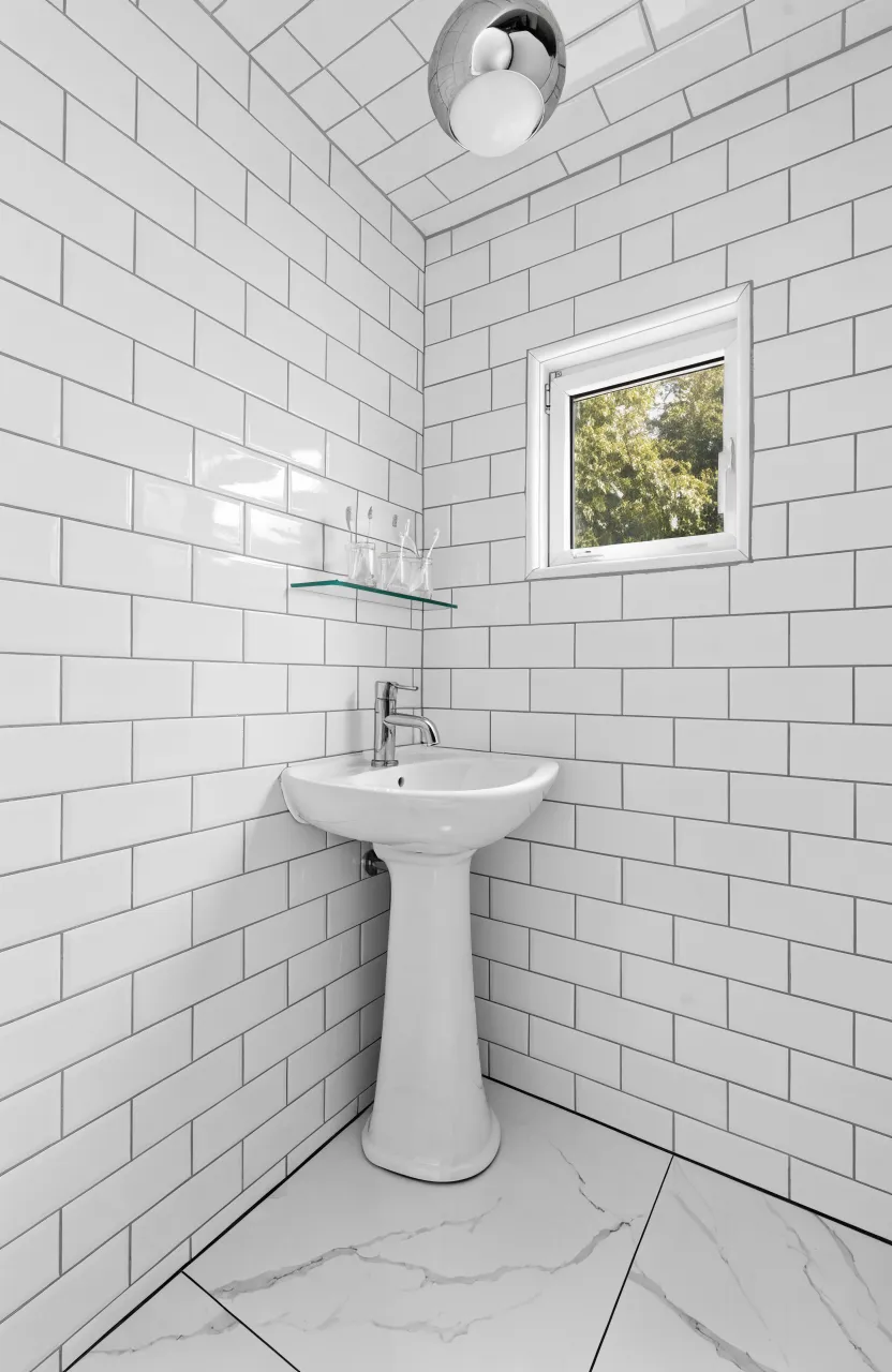 A white pedestal sink installed in the corner of a small subway-tiled bathroom.