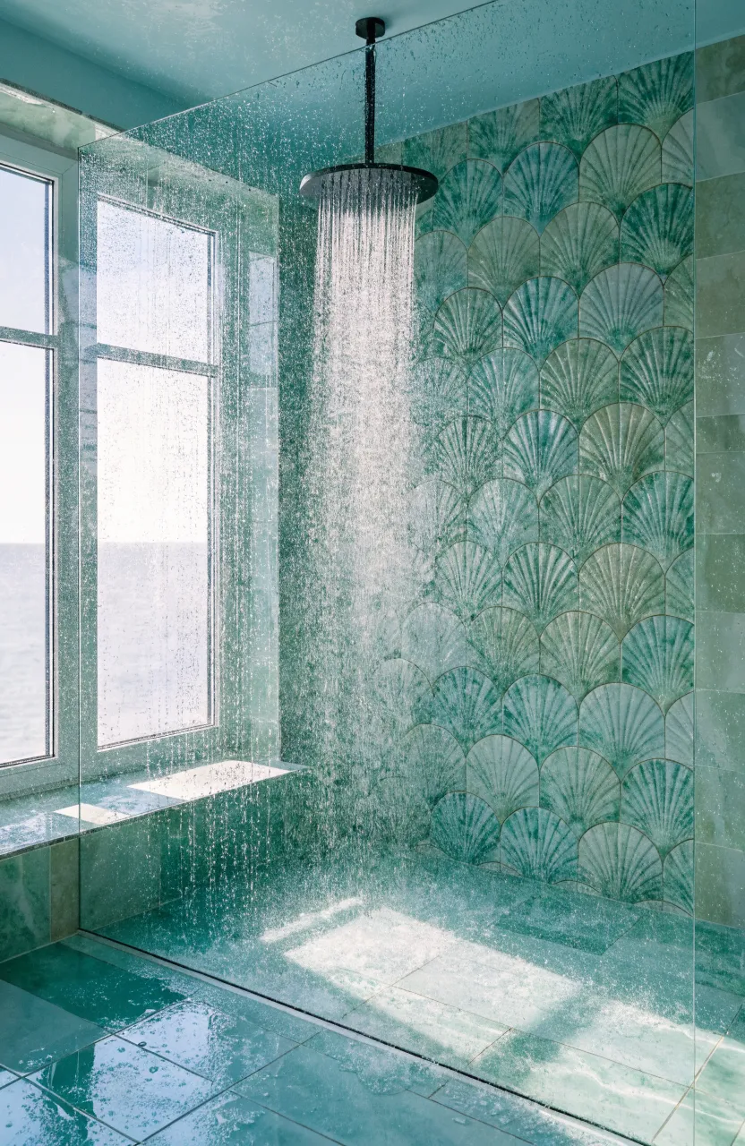 A clear frameless glass shower partition in a bright, modern small bathroom.