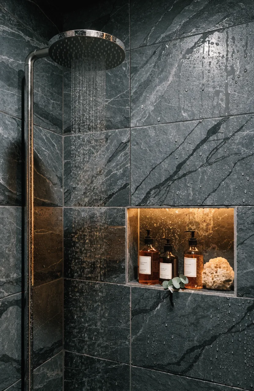 A built-in wall shelf in a grey tiled shower holding amber glass soap bottles.