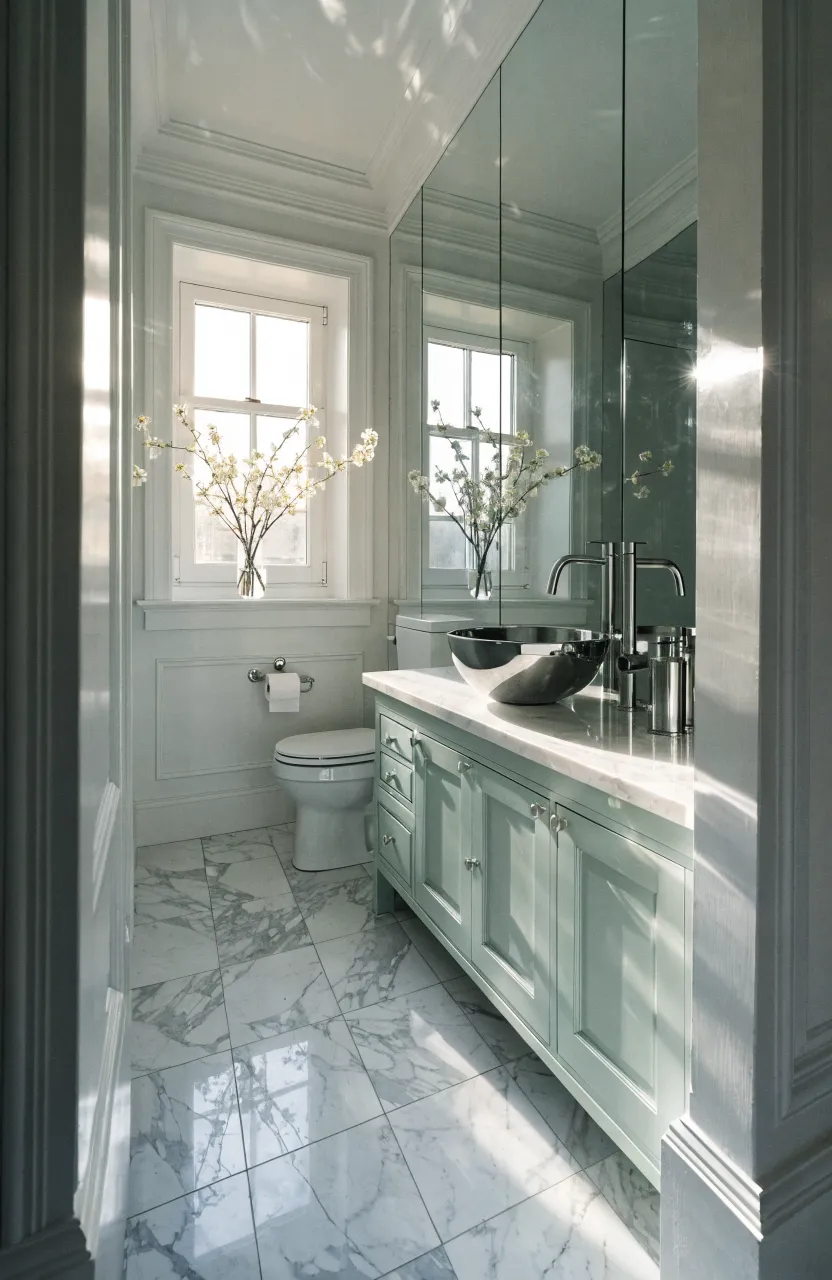 A large wall-to-wall mirror in a small bathroom reflecting light and space.