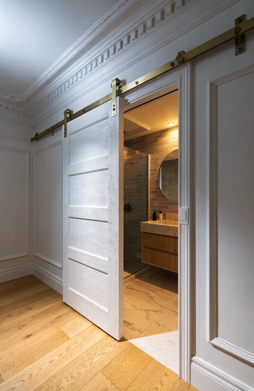 A white sliding pocket door opening into a compact, well-designed bathroom.