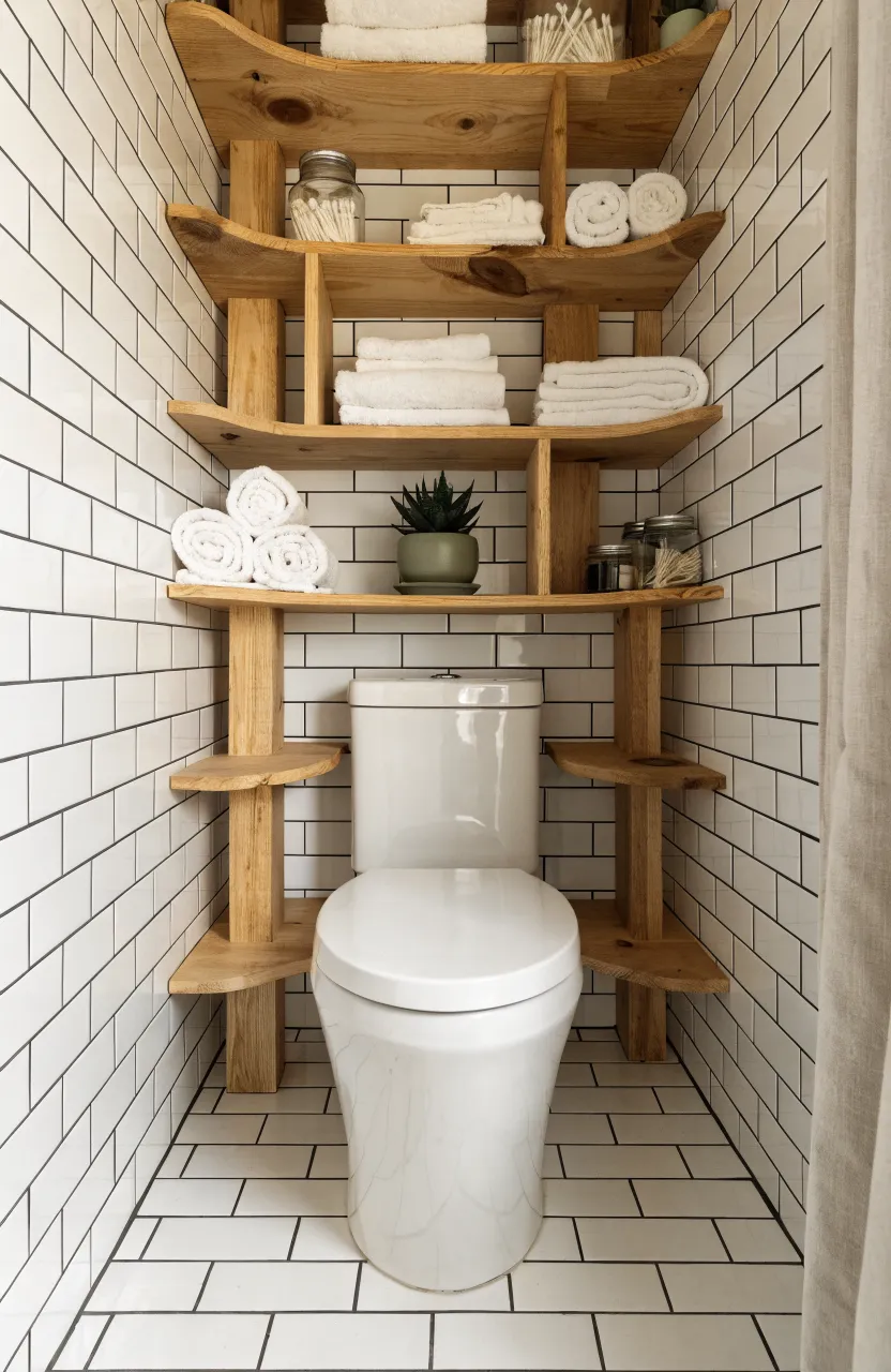 Wooden open shelves with towels and jars mounted above a white toilet in a small bathroom.