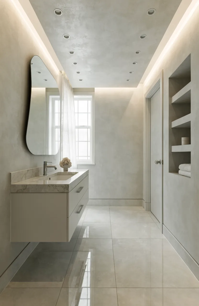 A small bathroom with matching light gray walls and floor tiles for a spacious look.