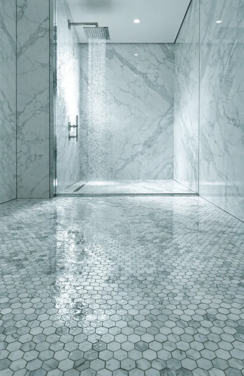 Continuous marble hexagonal tiles flowing from the bathroom floor into a curbless shower.