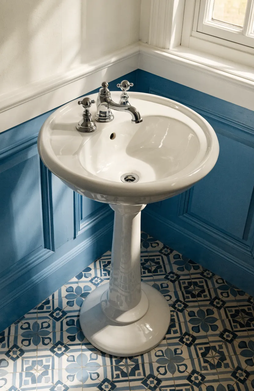 A small round pedestal sink in a compact bathroom with patterned floor tiles.