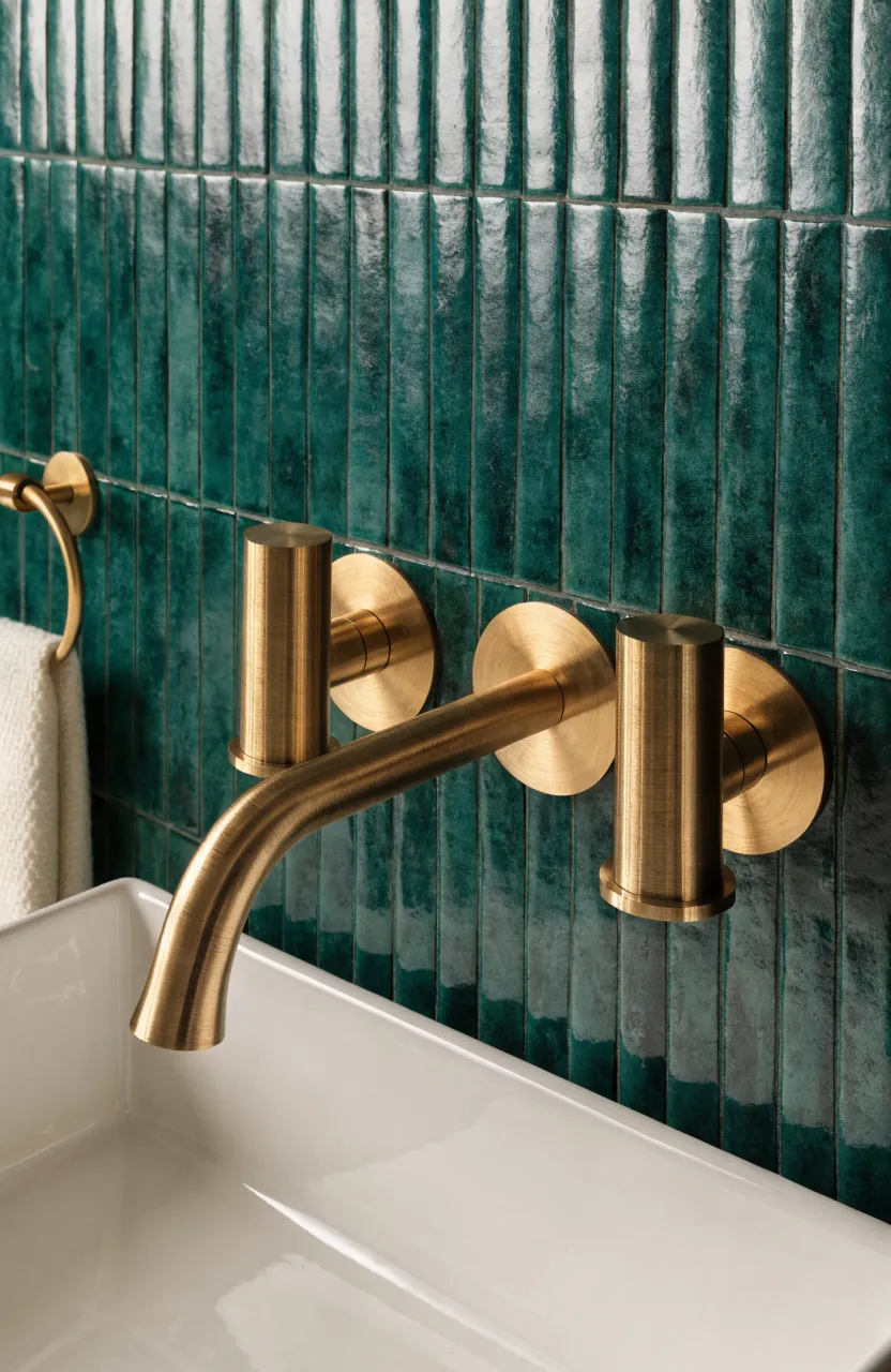 Brushed gold wall-mounted faucet over a narrow white sink against green tiles.