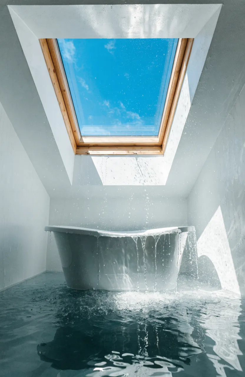 A large ceiling skylight bringing bright natural light into a small white bathroom.